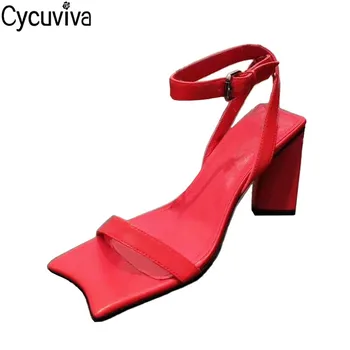 

2020 Chunky High Heels Sandals Women Runway One Word White Leather Dress Party Shoes Woman Ankle Buckle Strap Sandalias Mujer