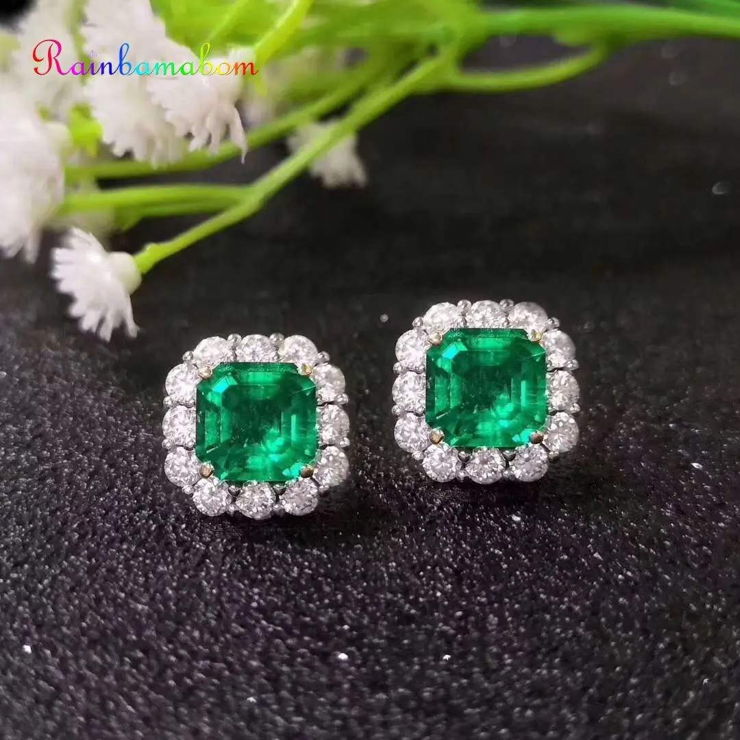 

Rainbamabom Luxury 925 Solid Sterling Silver Emerald Gemstone Diamonds Ear Studs Cocktail Party Earrings Fine Jewelry Wholesale