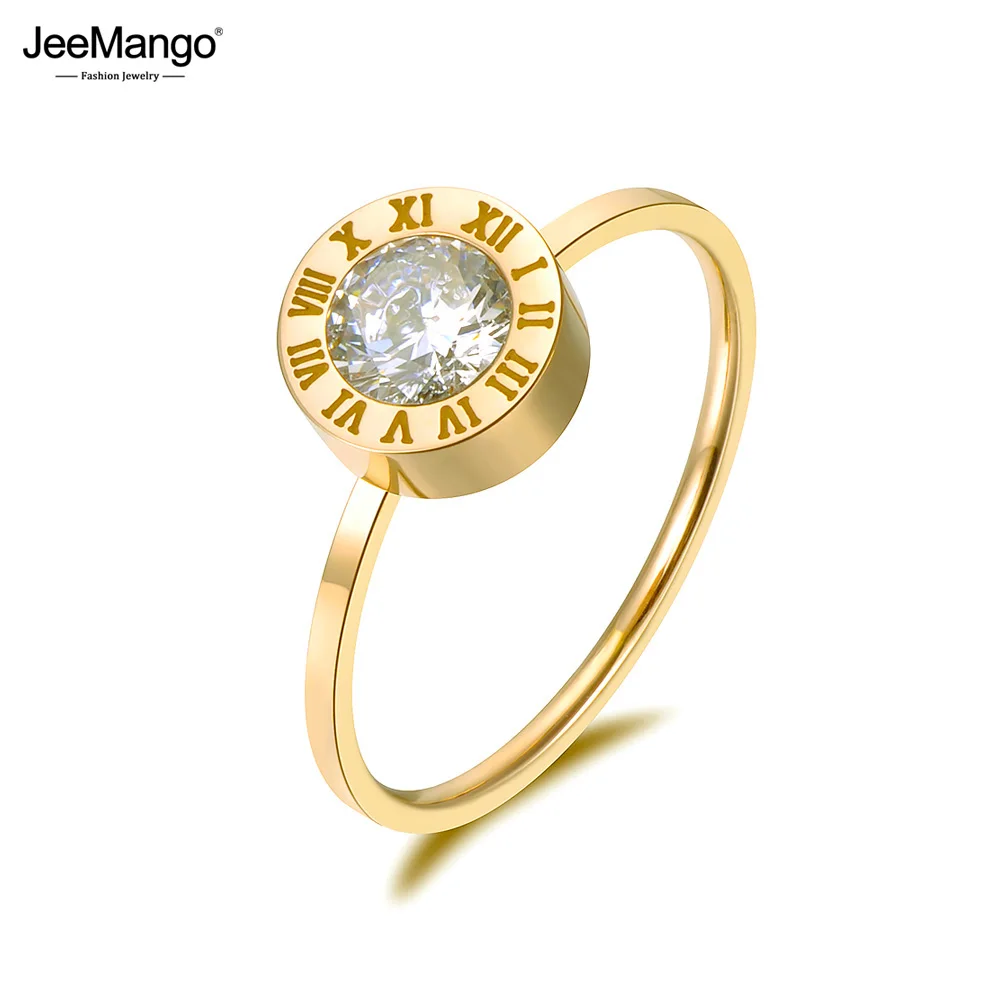 JeeMango Stainless Steel Jewelry Round AAA Zircon Roman Numerals Basic Models Anillos Mujer Rose Gold Color Rings Anneau JR18139 gold color rings,stainless steel ring,finger ring,gold color ring,zircon crystal ring