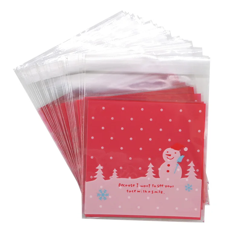 16-snowman 50 шт. 10x10 см Санта Клаус дерево самоклеющиеся рождественские подарочные пакеты мультфильм пластиковые конфеты мешок упаковка для рождественского печенья Рождественский Декор - Цвет: 16-snowman