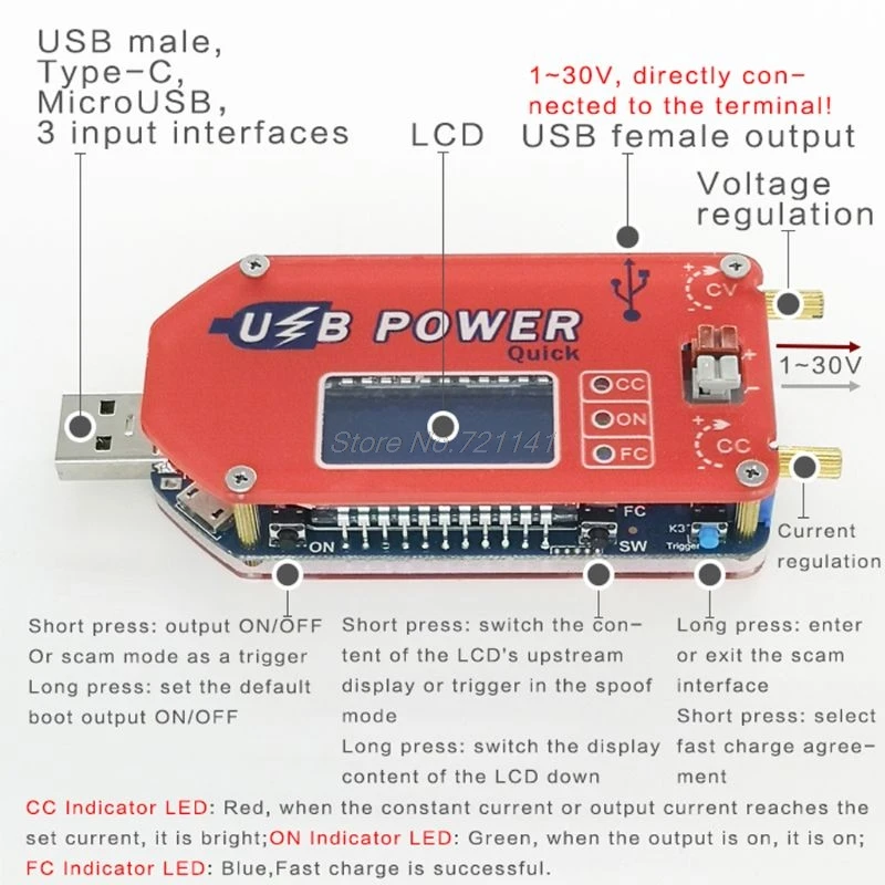 DC 1-30 в 15 Вт QC 2,0 3,0 FCP Быстрая зарядка лабораторный источник питания Регулятор DP3A цифровой дисплей USB регулируемый силовой модуль