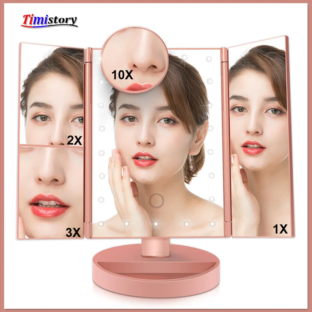 Зеркало для макияжа с 22 лампами светодиодный настольный макияж 1X/2X/3X/10X увеличительные зеркала 3 складное регулируемое зеркало сенсорный