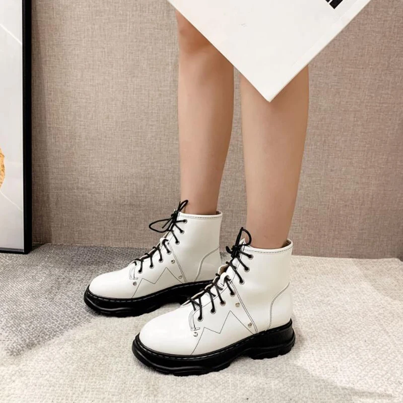 

Women shoes White Boots Autumn Fashion Black Leather Platform Gothic Boots Punk Combat Mid-Calf women boots winter snow LJB205