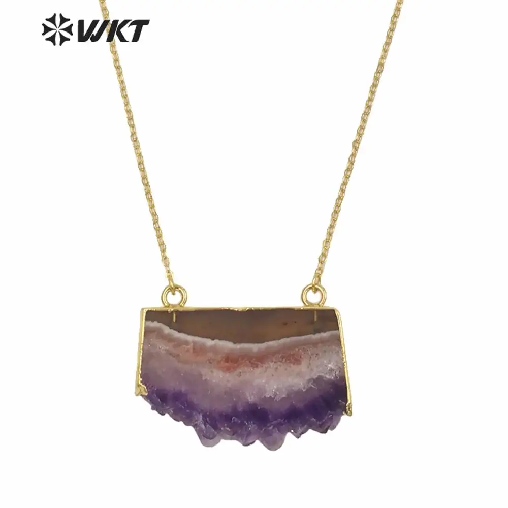 

WT-N123 Crystal Necklace With Gold Trim On Top Druzy Geode Necklace Double Loops Brass Chain Women's Jewellery Shopping