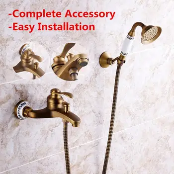 

New Wall Mounted Handhold Bathroom Tub Faucet Antique Brass Shower Head Water Tap Set Spout Hot Cold Mixer Bath Shoiwer Hardware