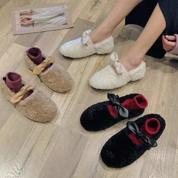 

New Korean version of Japanese furry women's shoes fashion wild lazy flat cotton shoes comfortable warm pea shoes