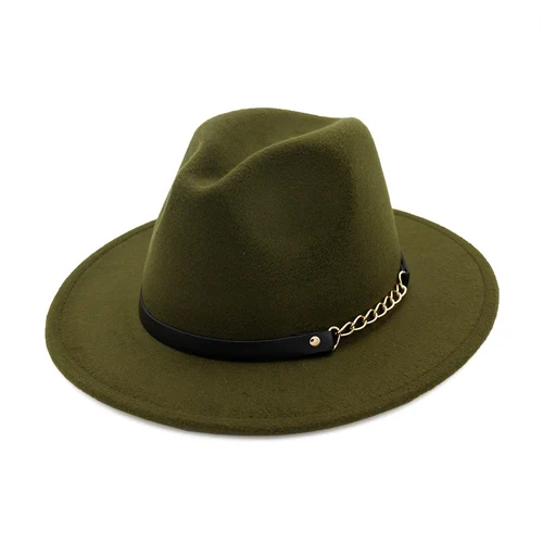 Green H7550 Autumn Winter Wool Fedoras Hat Women Men Woolen Felt Flat Eave Cap Female Solid Color Simple Church Banquet Party Caps - Цвет: Green