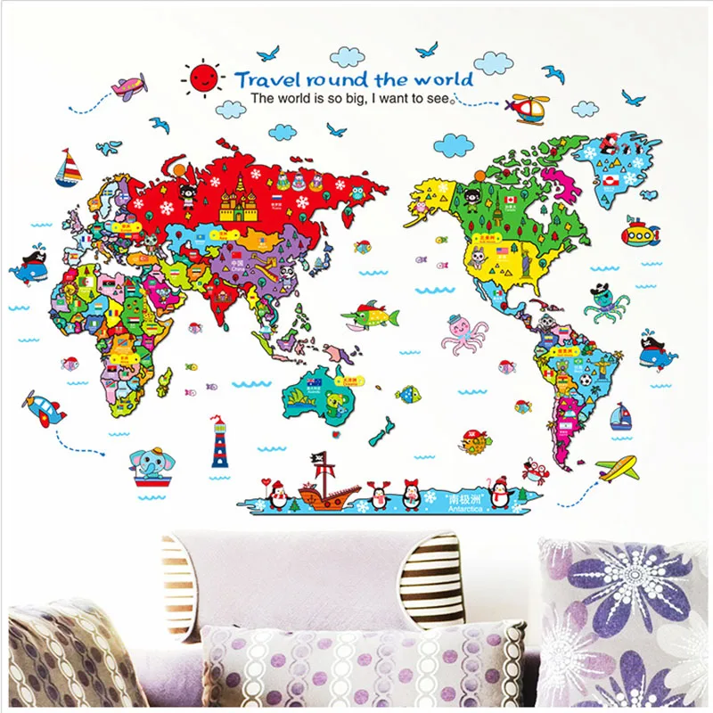 

Travel Around The World Wall Stickers Animals Map of The World Wallpaper Home Decor for Kids Room Airplane Decals Bedroom Mural