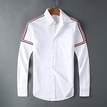 

2020 Fashion TB THOM Brand Shirts Men Slim Long Sleeve Casual Shirt Turn Down Collar Oxford Shoulder ribbon Solid Men's Clothing