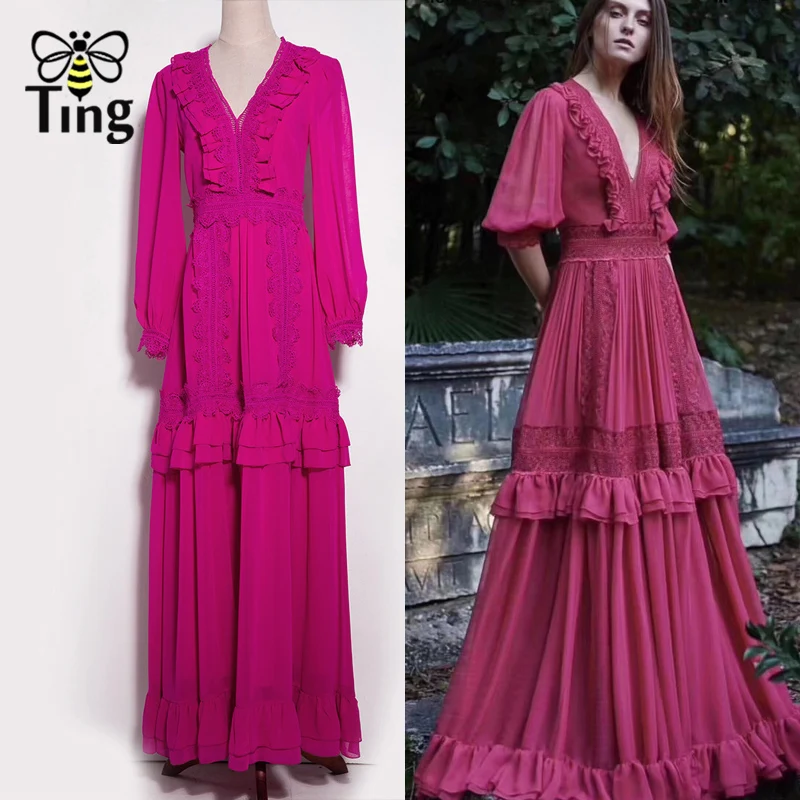 Tingfly модные роскошные Ruched Ruffles вечерние платья макси винтажная кружевная вставка длинное платье Бохо праздничный стиль Vestidos 3 цвета
