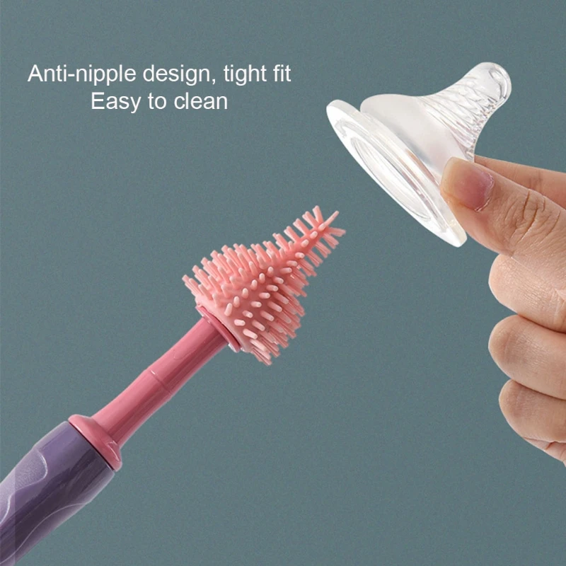 

3 Pcs Baby Bottle Cleaning Brushes Set Rotary Handle Milk Bottle Washing Nipple Cleaner Soft Silicone Feeding