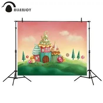 

Allenjoy Candy Bar Background Cloth Cakes Lollipop Candies Cloud Tree Bokeh Baby Birthday Backdrops Dessert House Party Supplies