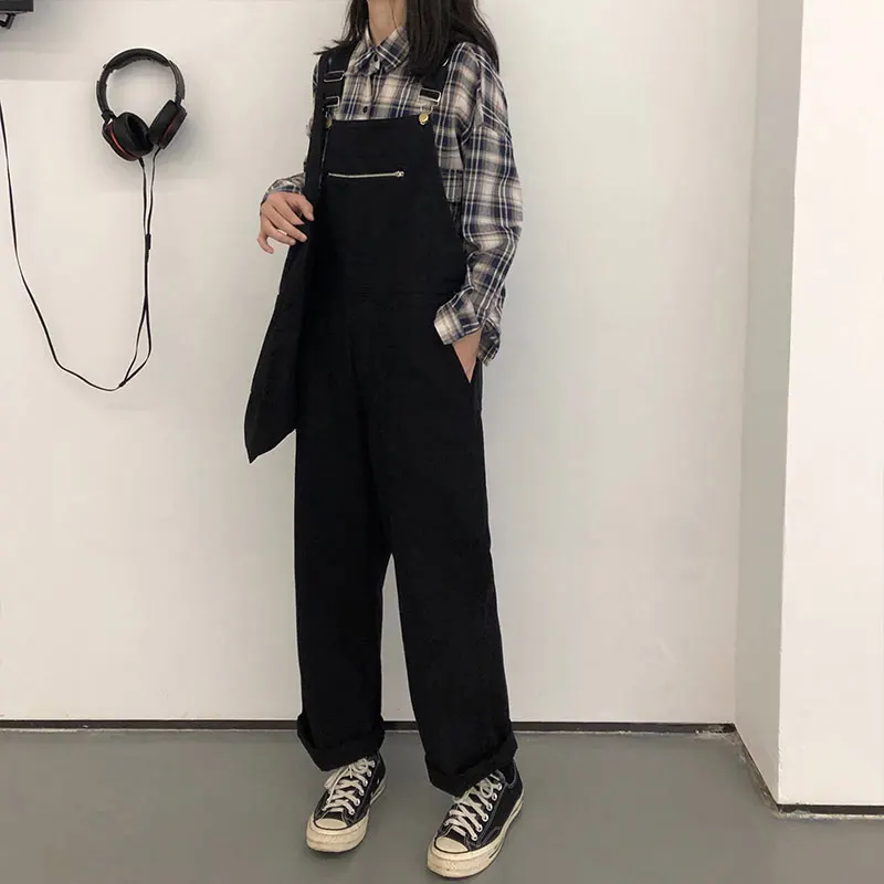 

2019 autumn korean chic style Women Overalls Denim Jumpsuit Jeans loose black straight Rompers womens (X1037)