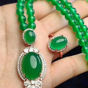 

Jade water embellished pendant ring S925 Silver Inlay Set