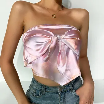 

Sexy Women Hot Fancy Bandeau Crop tops Printing Bandage Streetwear Club Clothes Satin Strapless Backless Stretch Tube Tanks Vest
