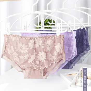 

5 Pcs New 2020 Women Sexy Underwear Knicker Lace Daisy Seamless Mesh Lingerie Female Briefs Plus Size Transperant Underpants