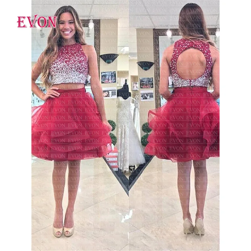Vestidos de graduacion сексуальное и горячее платье из двух частей с короткими рукавами блестящие бусины тюлевые платья для выпускного вечера для вечерние