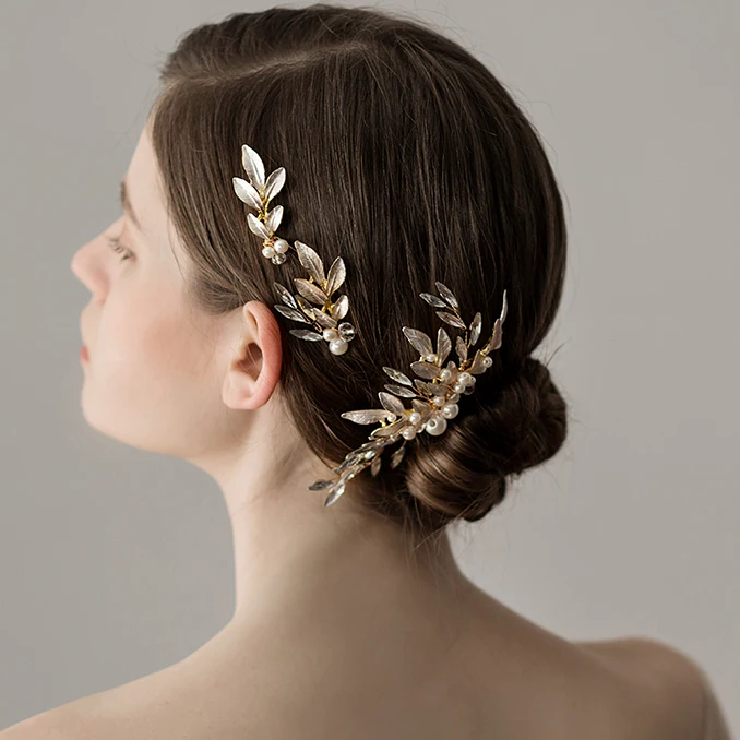 

Handmade Pearl Crystal Headpiece Gold Wedding Hair Jewelry Clip Leaves Bridal Combs Hairpins Women Girl Party Hair Ornament b530