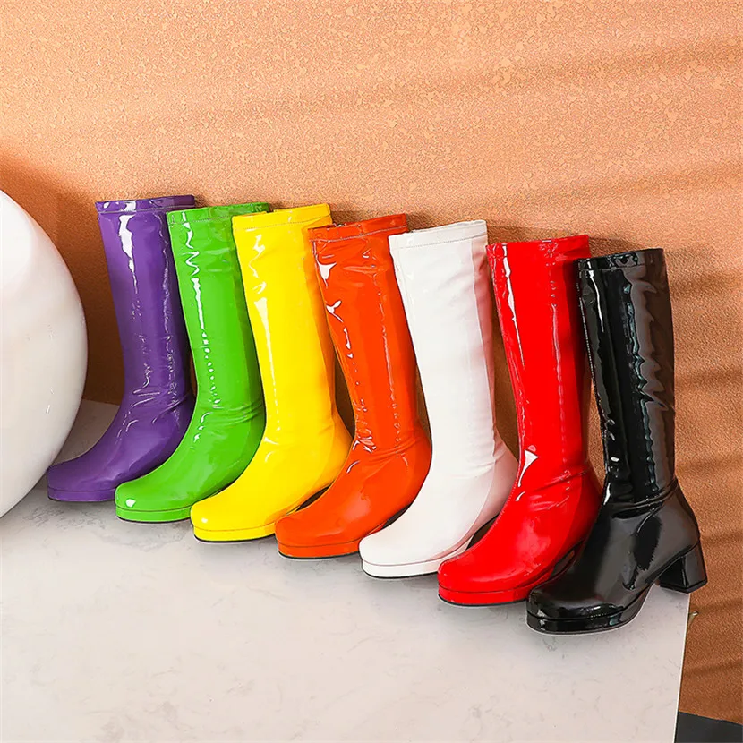 2021 Big Size Women Knee High Platform Boots Orange Red Patent Leather High Square Heels Lady Round Toe Zipper Long Riding Boots 6