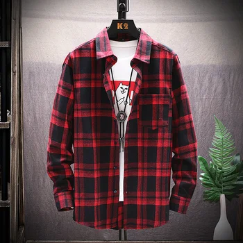 

Korean Casual Plaid Men Shirt Retro Loose Button Red Shirt Men Long Sleeve Koszula Spring Student Men's Shirt Jacket New BB60NCS