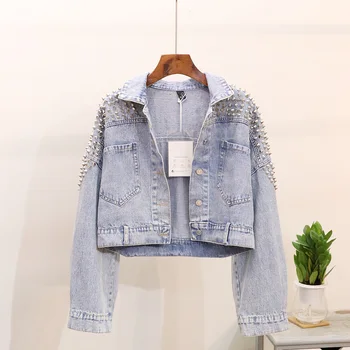 

Spring New Fashion Handwork Rivet Big Pocket Denim Jacket Women Batwing sleeve Loose Short Jeans Jacket Coat Female Streetwear