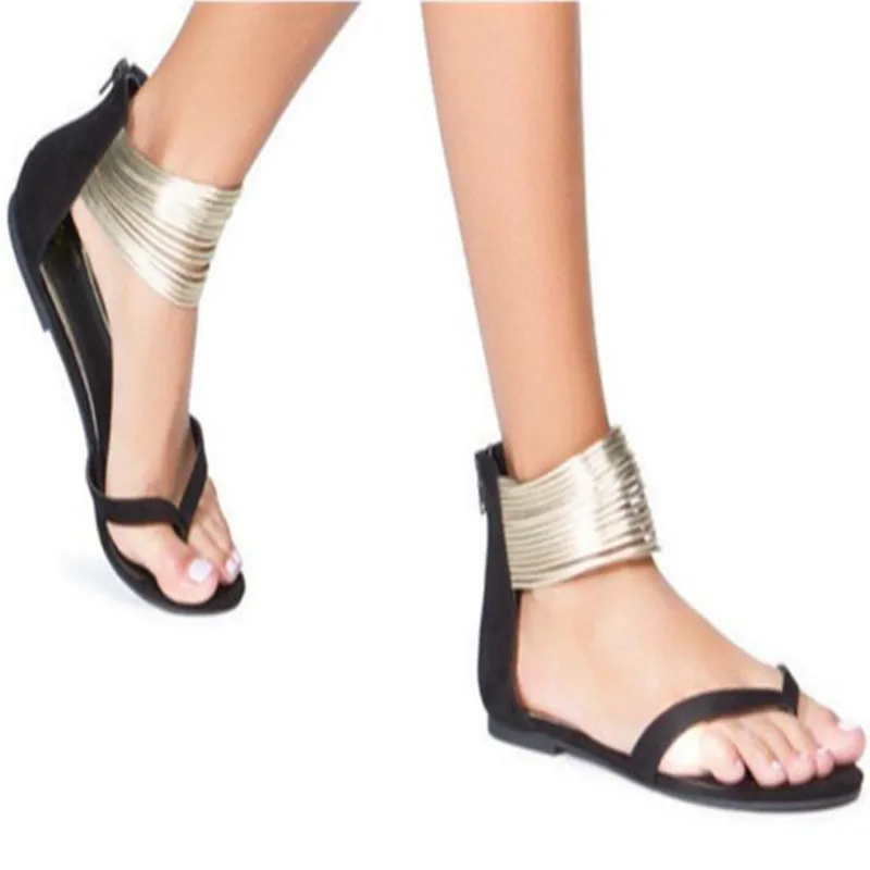 Женские Летние повседневные сандалии на плоской подошве; Вьетнамки размера плюс; женская обувь из флока с металлическими украшениями на молнии; обувь для отдыха; 8896 - Цвет: Черный