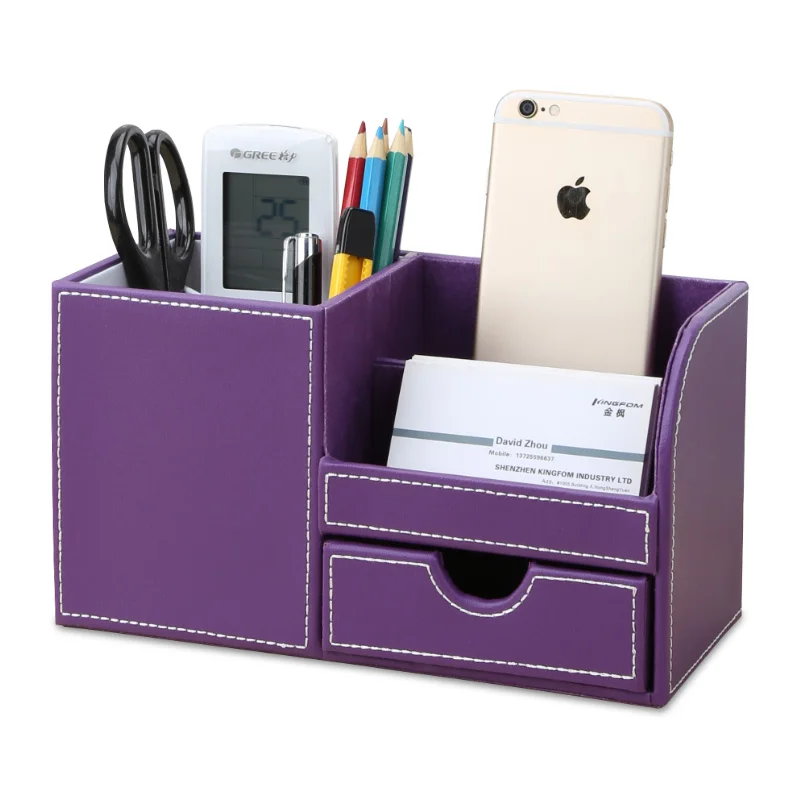 

Multi-Functional Desk Organizer Business Card Holder PU Leather Storage Boxes Wood Pen Holder Pencil Stand Stationery Case