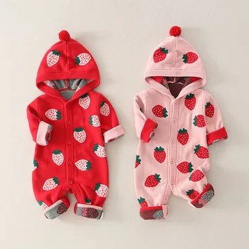 

Cute Strawberry Knitted Baby Rompers Hooded Long Sleeve Newborn Bebes Jumpsuits Outfits One Piece Children Costume Autumn Winter
