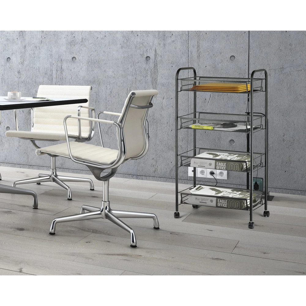 

4 Tiers Storage Organizer Rack Movable Kitchen Bathroom Shelf Metal Rolling Trolley Cart with Hook Basket Stand Wheels Holder