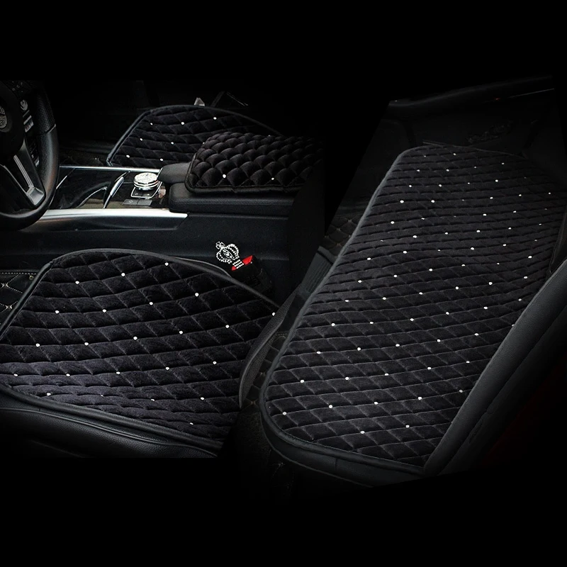 

3pcs Full Set Bling Diamond Plush Car Seat Cover Universal Winter Crystal Auto Front Back Seat Cushion Car Interior Accessories