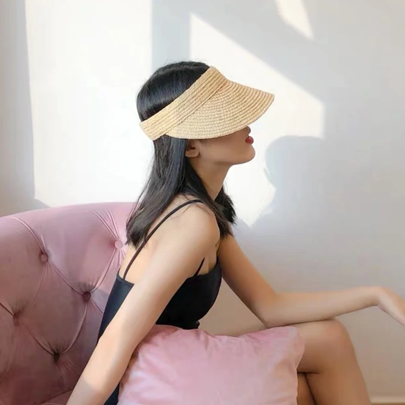 Ladies Sun Visor Hat Women Sun Visor Straw Raffia Velcro Caps Adjustable Straw Hat