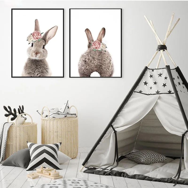 

2 panels Minimalist Bunny Rabbit Print And Poster Nursery Canvas Painting Wall Pictures for Living Room Kids Room Decoration