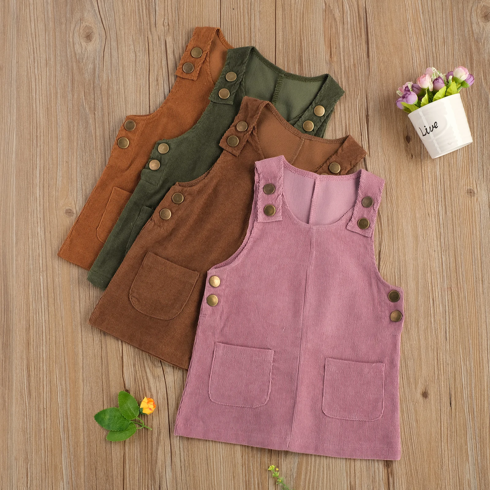 

Autumn Spring Kids Girls Lovely Overalls Dress Solid Button Pocket Corduroy Straight Mini Sundress 4 Colors 0-4Y