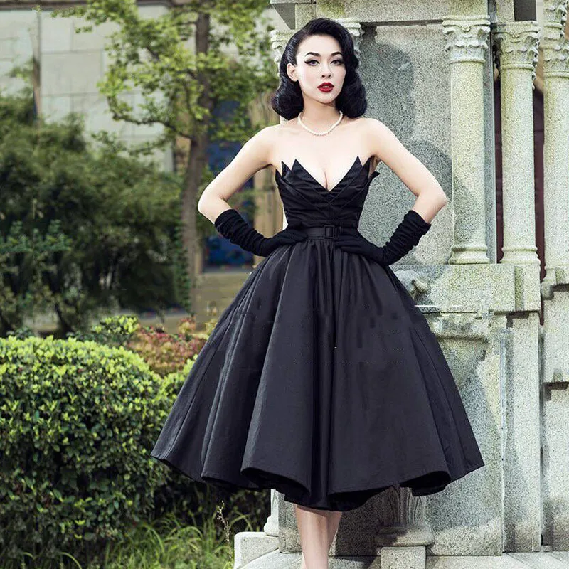Black-Vintage-Strapless-Evening-Dress-Ball-Gowns-Puffy-Pleated-Custom-made-Chic-Formal-Dresses-Vestidos-de