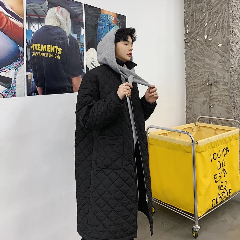 M-XL! новая хлопковая одежда выше колена, с капюшоном, с ромбовидной сеткой свободная хлопковая куртка в Корейском стиле хлопок