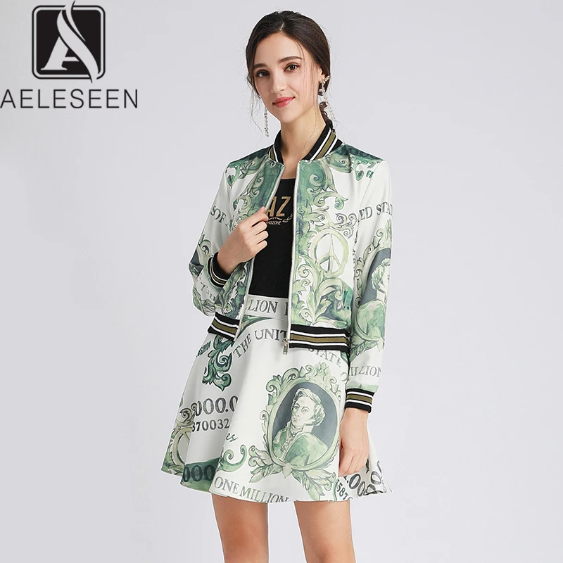 AELESEEN 2020 New Fashion Runway Printed Twinset Office Lady Zipper Short Jacket Tops + Mini Skirt Dollar Print Suit Women | Женская