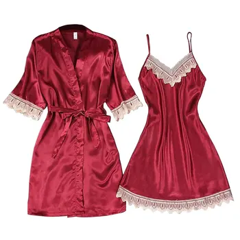 

Soft Imitation Ice Silk Adult Women Pajama Set Kimono Robe V Neck Solid Summer Sleeping Gift Lace Chemise Fashion Ladies Sexy