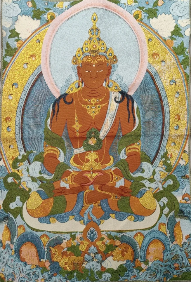 

36" Tibet Tibetan Embroidered Cloth Silk Buddhism Amitabha Amitayus Buddha Tangka Thangka Mural Home Decor