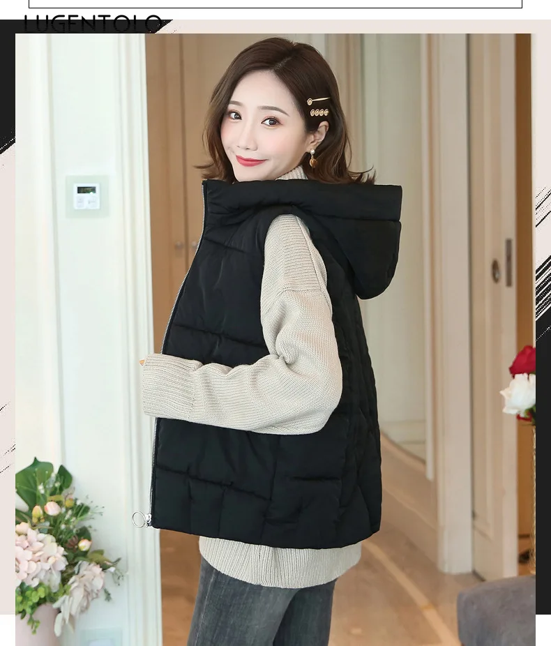 Lugentolo Women's Vest Vest Short Cotton Clothing Autumn and Winter Loose Solid Color Zipper Hooded Vest Cotton Clothing