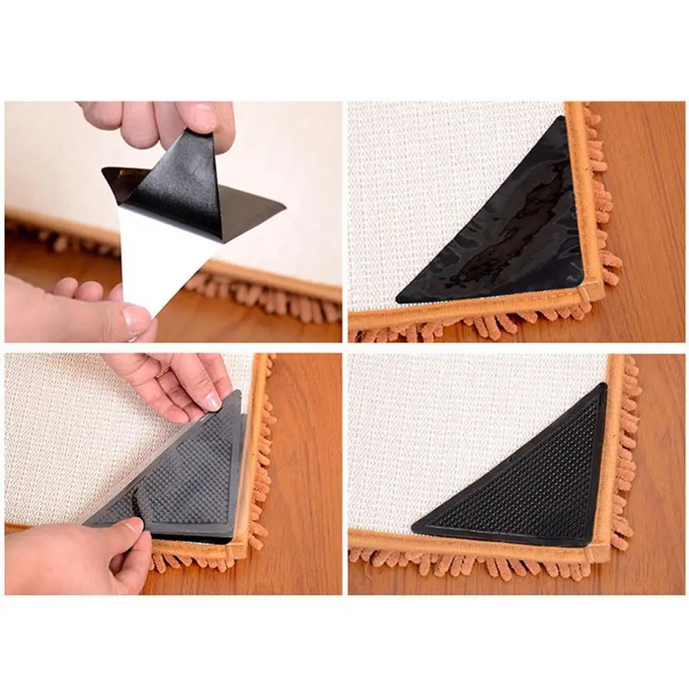 4Pcs/lot Triangle Reusable Anti-skid Rubber Mat Non Slip Patch Mat Washable Rug Gripper Stopper Tape Sticker Black Corners Pad