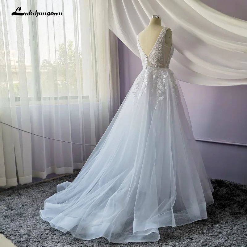 Lakshmigown иллюзия V шеи Кружева пляжные свадебные платья аппликации бисером Танк суд поезд Свадебные платья размера плюс