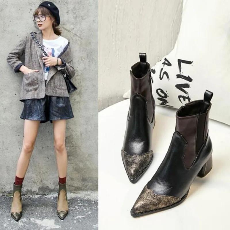 Fashion Point Toes Ankle Boots Thick Heel Women Shoes 2018 Autumn Winte Martin Boots Office Women's Vintage PU Leather Booties