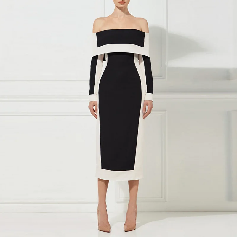 

2018 Fall and Winter Black-and-White Elegent Dress Women Off Shoulder Patchwork Slim Mid-Calf Length Plus Size Party Dress