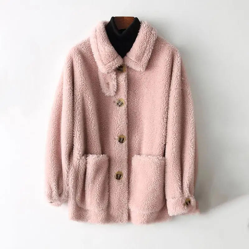 Женское плюшевое пальто из искусственного меха, осенне-зимняя плюшевая куртка с отложным воротником и пуговицами, плотная шерстяная теплая верхняя одежда Kawaii, модная - Цвет: Розовый