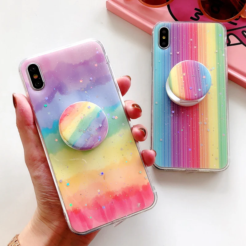 

For iPhone XS Max XR X Glitter rainbow case, Shiny Soft back case For iPhone 8plus 7 7p 6S 6P Monsters cover + stander
