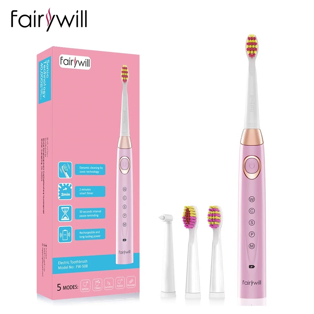 

Fairywill Electric Sonic Toothbrush Waterproof IPX7 USB Charge Adult Rechargeable Electronic Tooth Replacement Heads Travel Case