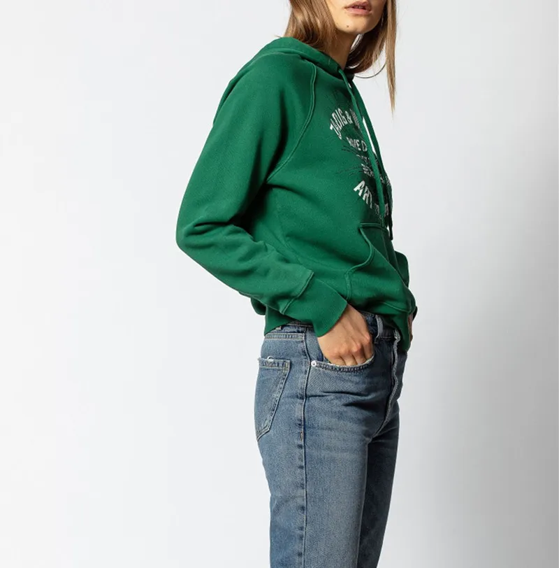 Зимняя зеленая Толстовка с принтом букв, Женская Теплая Бархатная толстовка с капюшоном, стразы, женская одежда для Instagram