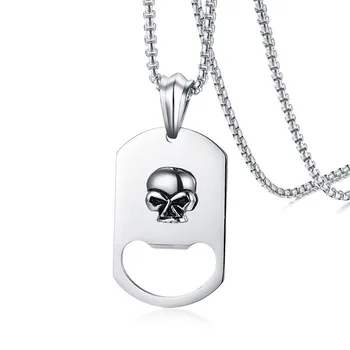 

Trendy Classic Stainless Steel Ghost Head Bottle Opener Tag Pendant Necklace Men's Jewelry Punk Square Pearl Chain