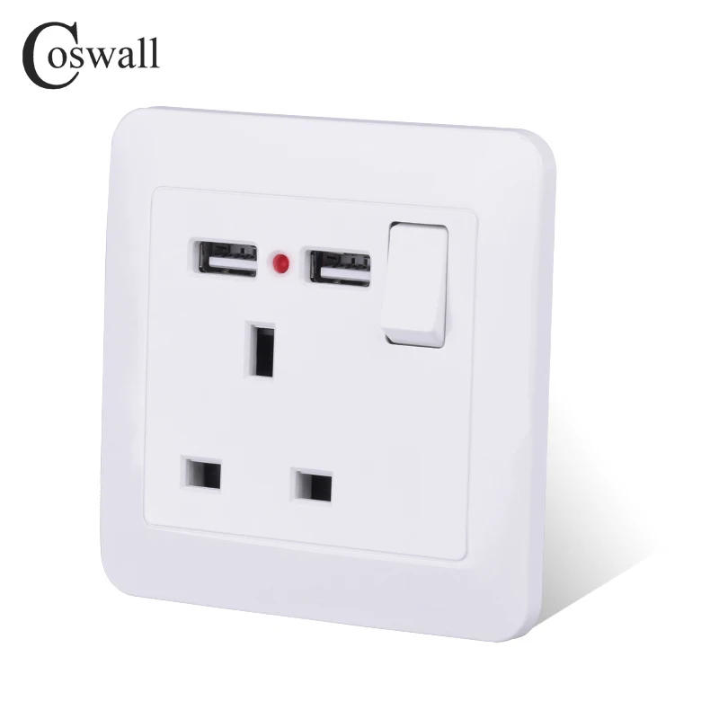 Coswall 13A Универсальный 3-контактный розетки/Британский Великобритания Стандартный выход переключается с 2.1A двойной зарядка через usb Порты и разъёмы светодиодный индикатор