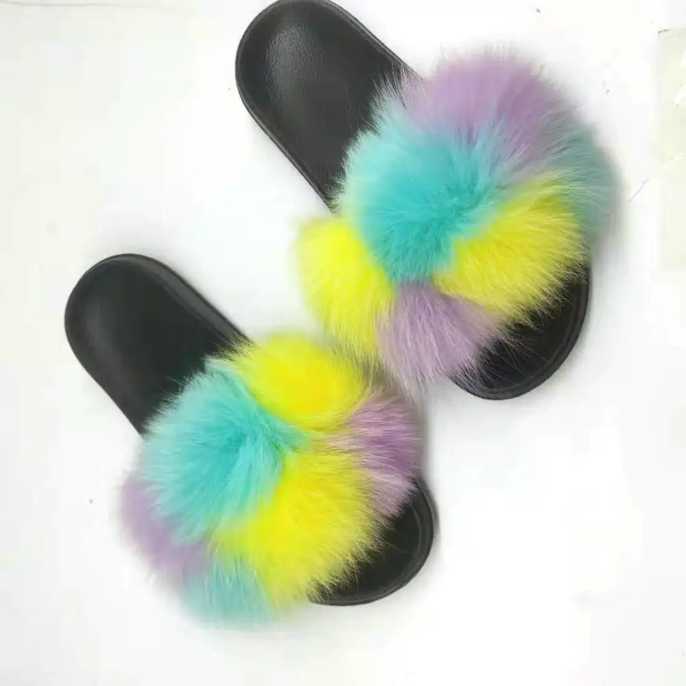 Летние женские кожаные тапочки с лисьим мехом; домашние сандалии; пушистые домашние тапочки с длинными волосами; вьетнамки на плоской подошве; обувь для отдыха - Цвет: as pic shows